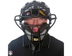 Wilson MLB Black Dyna-Lite Aluminum Umpire Mask With Black And Grey Wrap Around 12 Wilson MLB Black Dyna-Lite Aluminum Umpire Mask With Black And Grey Wrap Around -UMP ATTIRE Shop A3009 AL BK GY Worn Front with Black Shirt