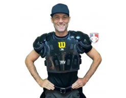 Wilson MLB West Vest Pro Gold 2 Memory Foam Umpire Chest Protector -UMP ATTIRE Shop B7203 Wilson MLB West Vest Pro Gold 2 Memory Foam Umpire Chest Protector front worn