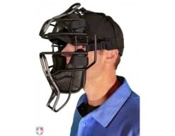 Diamond Matte Black Big League Aluminum Umpire Mask With Leather -UMP ATTIRE Shop DFM BL Diamond Big League Aluminum Umpire Mask with Leather Worn Front Angled View