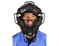 Diamond Matte Black Big League Aluminum Umpire Mask With Leather -UMP ATTIRE Shop DFM BL Diamond Big League Aluminum Umpire Mask with Leather Worn Front View