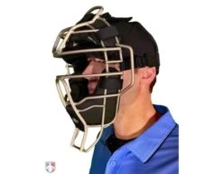 Diamond Silver Big League Aluminum Umpire Mask With Leather -UMP ATTIRE Shop DFM BL SV Diamond Silver Big League Aluminum Umpire Mask with Leather Worn Front Angled View