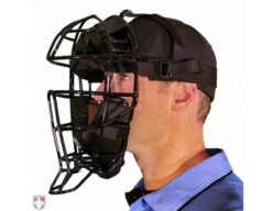 Force3 Defender Umpire Mask -UMP ATTIRE Shop F3 DEF BK BK Force3 Defender Umpire Mask with Black Worn Front Angled View