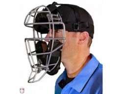 Force3 Silver Defender Umpire Mask With Black -UMP ATTIRE Shop F3 DEF SV BK Force3 Silver Defender Umpire Mask with Black Worn Front Angled View v3