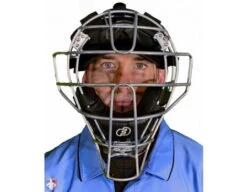 Force3 Silver Defender Umpire Mask With Black -UMP ATTIRE Shop F3 DEF SV BK Force3 Silver Defender Umpire Mask with Black Worn Front View v3