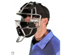 All-Star Silver Magnesium Umpire Mask With Black LUC -UMP ATTIRE Shop FM4000MAG UMP SV BK All Star Magnesium Umpire Mask with Black LUC Worn Front Angled View