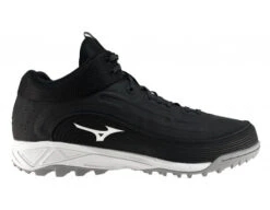 Mizuno Ambition 3 All-Surface Black & White Mid-Cut Field Shoes -UMP ATTIRE Shop MZ AB3M BW Mizuno Ambition 3 All Surface Black White Mid Cut Shoes side in