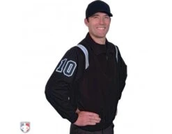 Smitty Traditional Half-Zip Umpire Jacket - Black And Powder Blue 8 Smitty Traditional Half-Zip Umpire Jacket - Black And Powder Blue -UMP ATTIRE Shop S320 BK PB Smitty Traiditonal Half Zip Umpire Jacket Black with Polo Blue Front Angled View with Black on Light Blue on White Precision Cut Number