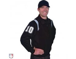 Smitty Traditional Half-Zip Umpire Jacket - Black And Powder Blue 9 Smitty Traditional Half-Zip Umpire Jacket - Black And Powder Blue -UMP ATTIRE Shop S320 BK PB Smitty Traiditonal Half Zip Umpire Jacket Black with Polo Blue Front Angled View with White on Black on White Precision Cut Number