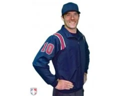 Smitty Traditional Half-Zip Umpire Jacket - Navy And Red -UMP ATTIRE Shop S320 N R Smitty Traditional Half Zip Umpire Jacket Navy with Red and White Worn Front Angled View with Numbers