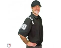 Smitty Traditional Half-Zip Short Sleeve Umpire Jacket - Black And White -UMP ATTIRE Shop S324 BK WH Smitty Traditional Half Zip Short Sleeve Umpire Jacket Black and White Worn Front Angled with N4 SUB WBW