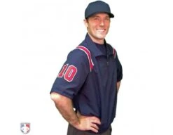 Smitty Traditional Half-Zip Short Sleeve Umpire Jacket - Navy And Red -UMP ATTIRE Shop S324 N R W Smitty Traditonal Half Zip Short Sleeve Umpire Jacket Navy and Red Worn Front Angled View with N4 SUB RNW