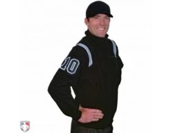 Smitty Major League Style Fleece Lined Umpire Jacket - Black And Polo Blue -UMP ATTIRE Shop S330 BK PB Smitty Major League Style Fleece Lined Umpire Jacket Black with Powder Blue Front Angled View with N4 SUB BPBW