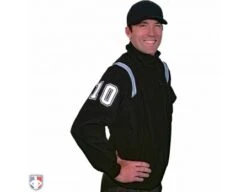 Smitty Major League Style Fleece Lined Umpire Jacket - Black And Polo Blue -UMP ATTIRE Shop S330 BK PB Smitty Major League Style Fleece Lined Umpire Jacket Black with Powder Blue Front Angled View with N4 SUB WBW