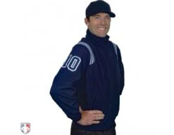 Smitty Major League Style Fleece Lined Umpire Jacket - Navy And Polo Blue -UMP ATTIRE Shop S330 N PB Smitty Major League Style Fleece Lined Umpire Jacket Navy with Powder Blue Front Angled View with Navy on Powder Blue on White Precision Cut Numbers 1