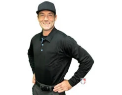 Smitty V3 Major League Replica Long Sleeve Umpire Shirt - Black With Sky Blue -UMP ATTIRE Shop S350 BK Smitty V3 Major League Replica Long Sleeve Umpire Shirt Black with Sky Blue angle