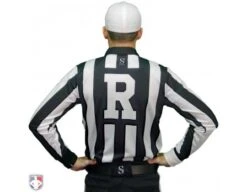 Smitty 2" Stripe Heavyweight Interlock Long Sleeve Football Referee Shirt With Position Placket -UMP ATTIRE Shop USA118X R Smitty 2 Stripe Long Sleeve Football Referee Shirt Worn Back View