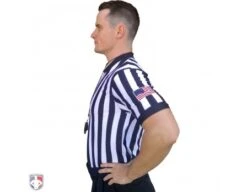 Smitty 1" Stripe Body Flex V-Neck Referee Shirt With USA Flag 10 Smitty 1" Stripe Body Flex V-Neck Referee Shirt With USA Flag -UMP ATTIRE Shop USA200 FLEX Worn Side with Flag